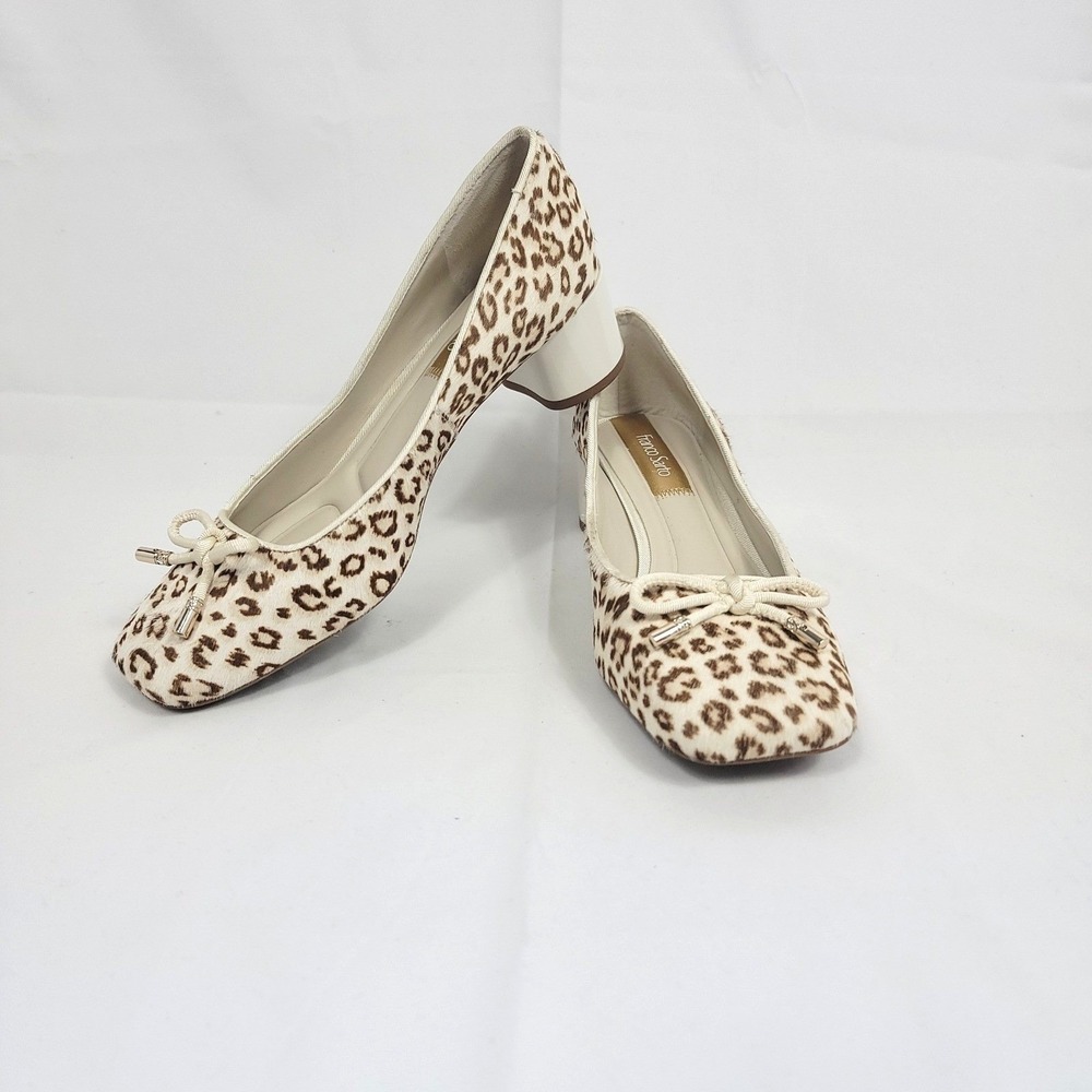 Franco Sarto Leopard Calf Hair Square Toe Block Heel Pumps Bow Accent Sz 7